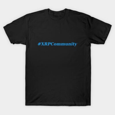 Black cotton t-shirt with blue "#XRPCommunity" text, casual style for cryptocurrency enthusiasts.
