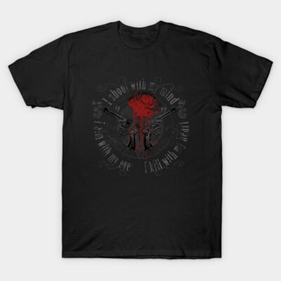 Black graphic t-shirt with red rose and revolver design, featuring artistic text, casual style, cotton material.