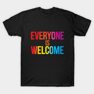 Black t-shirt with "Everyone is Welcome" in colorful text, casual style, cotton material, unisex design.