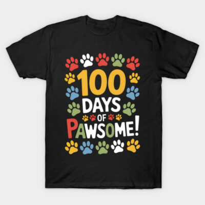 Black "100 Days of Pawsome" T-shirt with colorful paw print design, ideal for pet lovers.