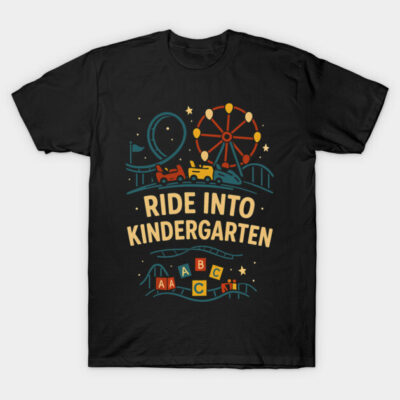 Black "Ride Into Kindergarten" T-shirt with colorful amusement park design, casual style, cotton material.