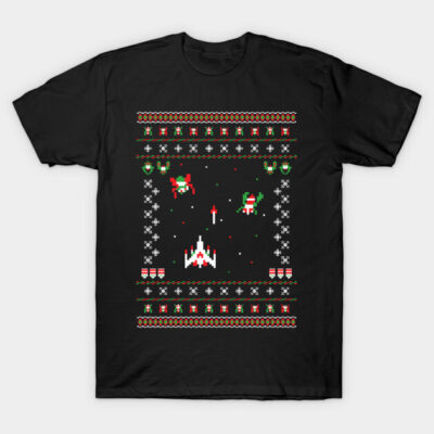 Black T-shirt with retro pixel art Christmas design, featuring festive colors and gaming motifs, perfect for holiday wear.