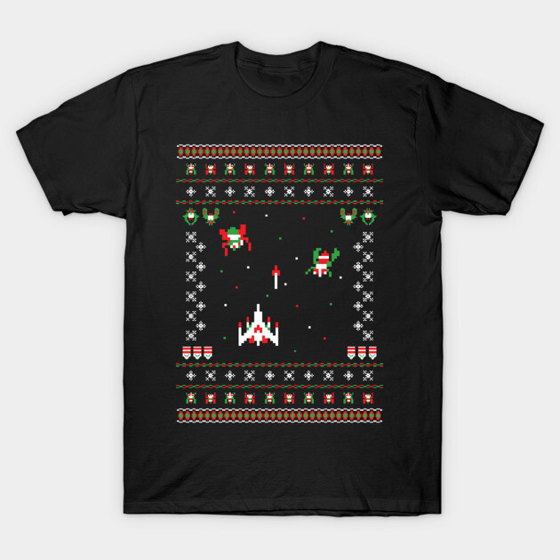 Black T-shirt with retro pixel art Christmas design, featuring festive colors and gaming motifs, perfect for holiday wear.