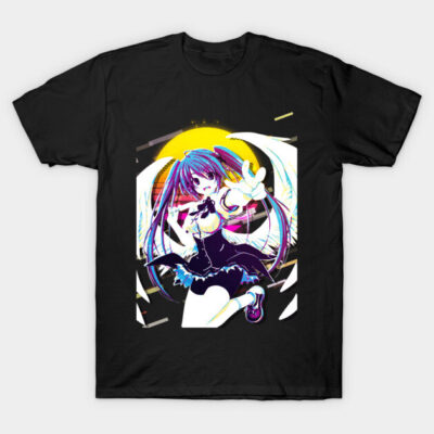 Black anime graphic T-shirt featuring colorful character design, casual wear, 100% cotton, unisex style.
