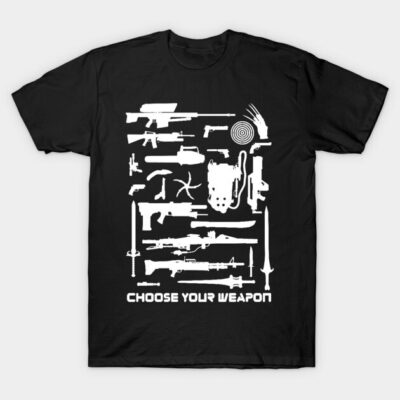 Black t-shirt with white weapon graphics and "Choose Your Weapon" text, cotton material, casual style.