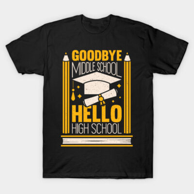 Black "Goodbye Middle School, Hello High School" t-shirt with graduation cap and pencil design, perfect for students.