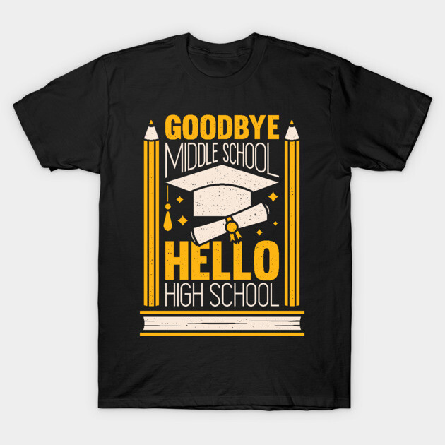 Black "Goodbye Middle School, Hello High School" t-shirt with graduation cap and pencil design, perfect for students.