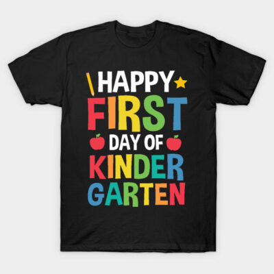 Black T-shirt with colorful "Happy First Day of Kindergarten" print, casual wear, back-to-school style.