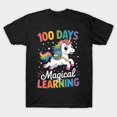 Black t-shirt featuring a colorful unicorn design with "100 Days Magical Learning" text, ideal for school celebrations.