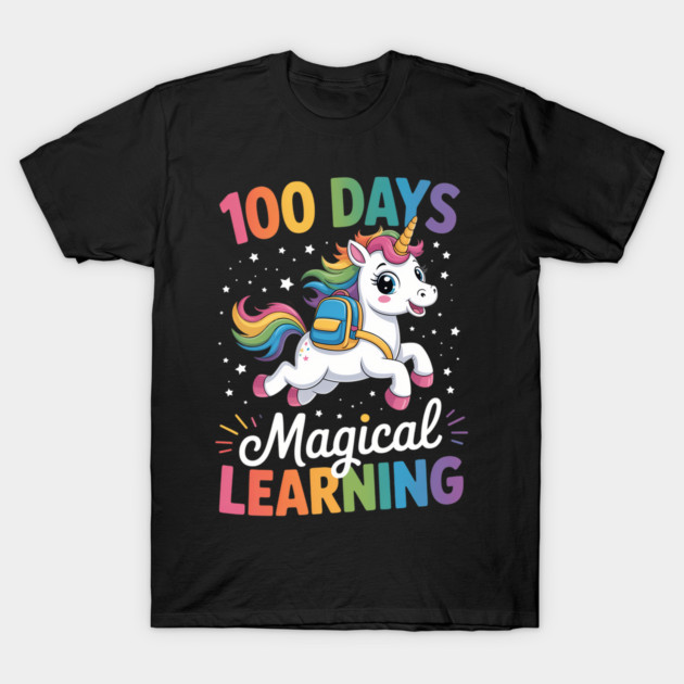 Black t-shirt featuring a colorful unicorn design with "100 Days Magical Learning" text, ideal for school celebrations.