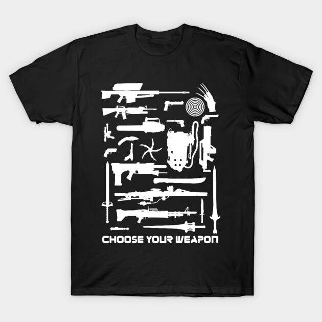 Black t-shirt with white weapon graphics and "Choose Your Weapon" text, cotton material, casual style.