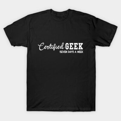 Black "Certified Geek" T-shirt, cotton, casual style, perfect for everyday wear, unisex design.