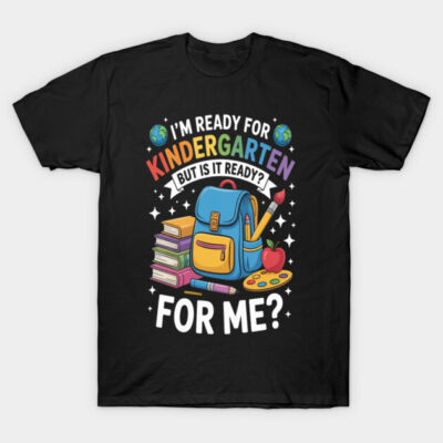 Black kindergarten-themed T-shirt with colorful school supplies design, perfect for back-to-school season.