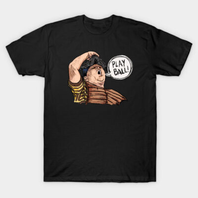 Black t-shirt with vintage baseball player graphic and "Play Ball" text, casual unisex style, soft cotton material.