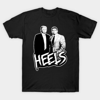 Black graphic tee with bold "Heels" text and retro-style illustration, perfect for casual wear or themed events.