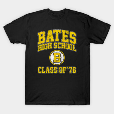 Black "Bates High School Class of '76" T-shirt with yellow lettering, casual style, cotton material.