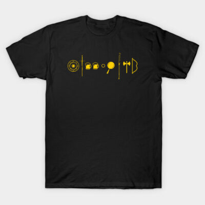 Black t-shirt with yellow retro gaming icons, casual style, cotton material, ideal for gamers and everyday wear.