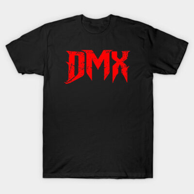 Black T-shirt with bold red "DMX" graphic print, casual style, cotton material, unisex design.