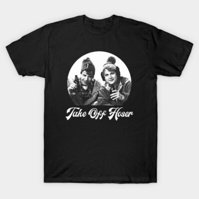 Black graphic t-shirt with "Take Off Hoser" text and retro design, casual wear, cotton material.