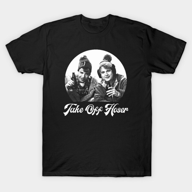 Black graphic t-shirt with "Take Off Hoser" text and retro design, casual wear, cotton material.