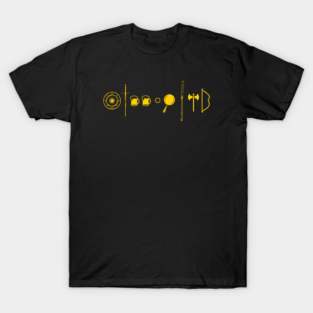 Black t-shirt with yellow retro gaming icons, casual style, cotton material, ideal for gamers and everyday wear.
