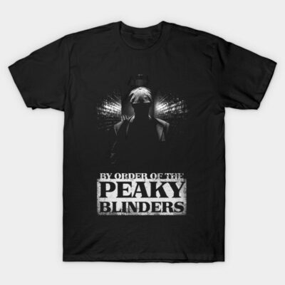 Black graphic tee with bold "Peaky Blinders" text, featuring silhouette design. Perfect for casual wear, cotton material.