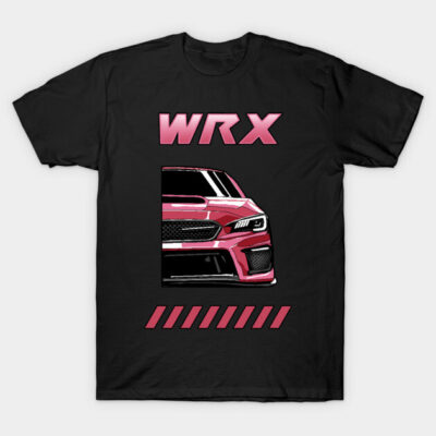 Black t-shirt with pink WRX graphic design, featuring a red car illustration. Cotton, casual wear for car enthusiasts.