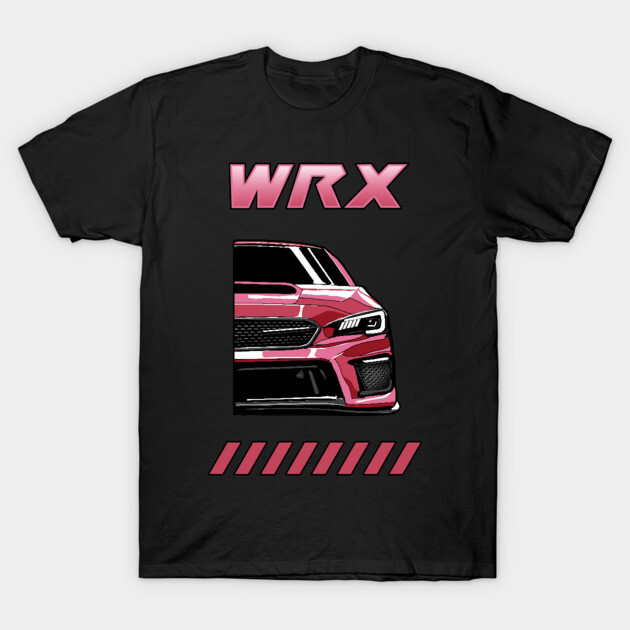 Black t-shirt with pink WRX graphic design, featuring a red car illustration. Cotton, casual wear for car enthusiasts.