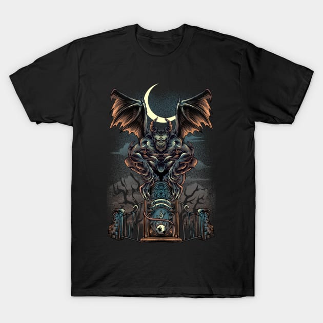 Black T-shirt with gothic design featuring a winged creature and crescent moon, perfect for casual wear.