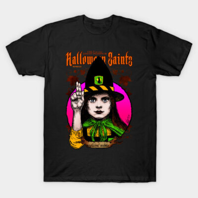 Black Halloween-themed t-shirt with colorful witch graphic, perfect for festive occasions and casual wear. Cotton material.