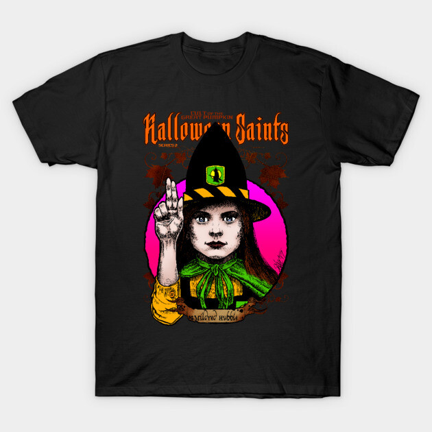 Black Halloween-themed t-shirt with colorful witch graphic, perfect for festive occasions and casual wear. Cotton material.