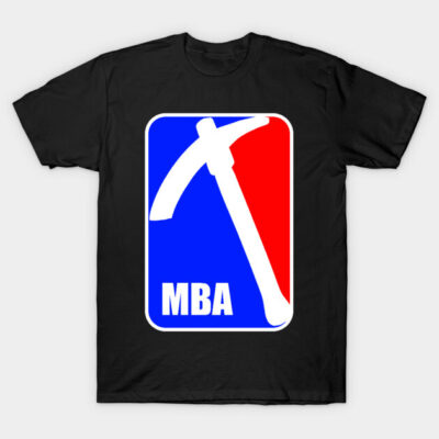 Black T-shirt with MBA logo design in red, blue, and white. Casual wear for fans of mining or gaming themes.