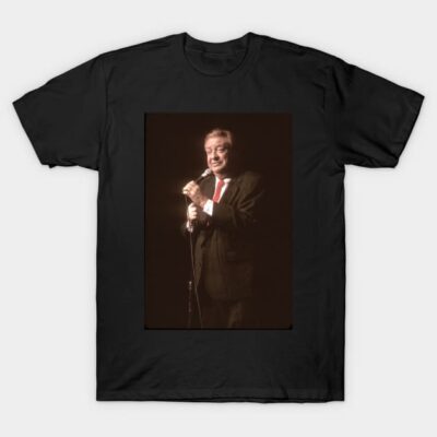 Black graphic T-shirt featuring a vintage microphone design, ideal for casual wear, made from 100% cotton.