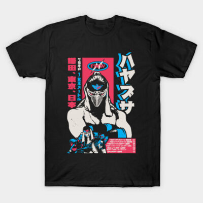 Black graphic t-shirt featuring bold Japanese text and vibrant wrestling illustration, perfect for casual wear.