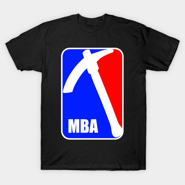 Black T-shirt with MBA logo design in red, blue, and white. Casual wear for fans of mining or gaming themes.