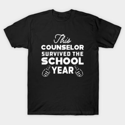 Black t-shirt with "This Counselor Survived the School Year" text in bold white font, casual wear for educators.