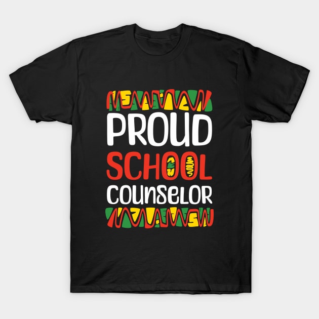 Black "Proud School Counselor" T-shirt with colorful text design, perfect for educational professionals. Cotton material.