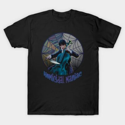Black graphic T-shirt with cello player and "Homicidal Maniac" design, perfect for music lovers and casual wear.