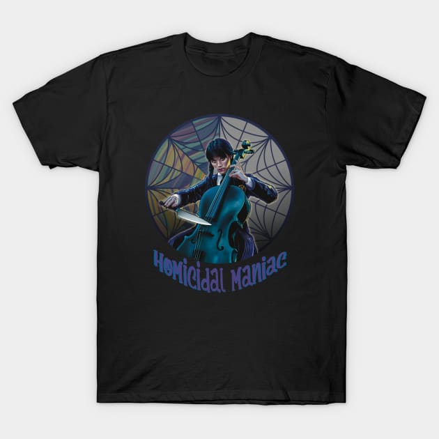 Black graphic T-shirt with cello player and "Homicidal Maniac" design, perfect for music lovers and casual wear.