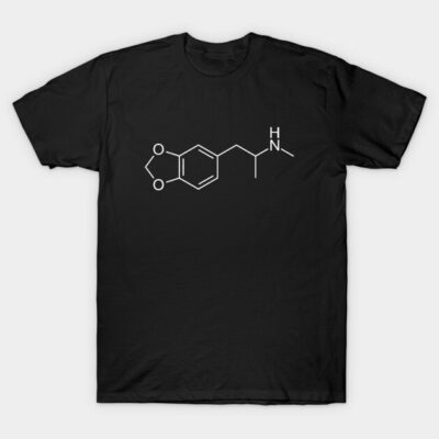 Black T-shirt featuring minimalist chemical structure design, casual cotton material, perfect for everyday wear.