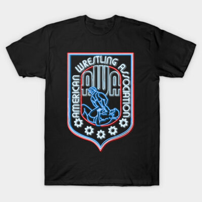 Black t-shirt with American Wrestling Association logo in neon style, featuring wrestlers and stars.