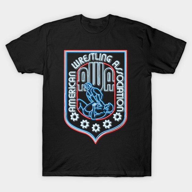Black t-shirt with American Wrestling Association logo in neon style, featuring wrestlers and stars.