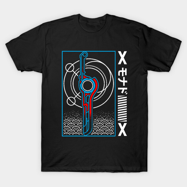 Black t-shirt featuring a futuristic red and blue sword graphic with geometric patterns, ideal for casual wear.