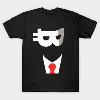 Black t-shirt with unique graphic design featuring Bitcoin symbol and red tie, perfect for casual or themed events.
