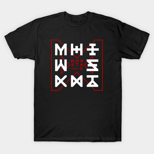Black graphic t-shirt with bold red and white geometric design, casual style, suitable for everyday wear.