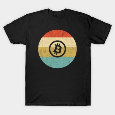 Black T-shirt with retro Bitcoin logo and colorful stripes, casual style, cotton material, ideal for cryptocurrency enthusiasts.