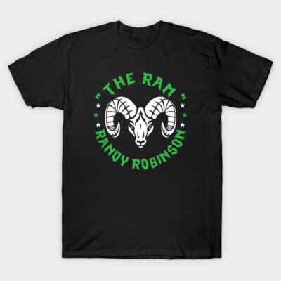Black t-shirt with "The Ram" graphic in green and white, featuring a stylized ram head. Casual cotton apparel.