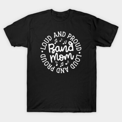 Black "Band Mom" t-shirt with white text and musical notes, casual cotton style for music enthusiasts.