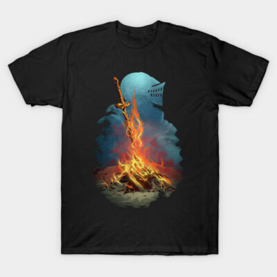 Black fantasy-themed t-shirt featuring a flaming sword and helmet design, ideal for casual wear or gifts, cotton material.