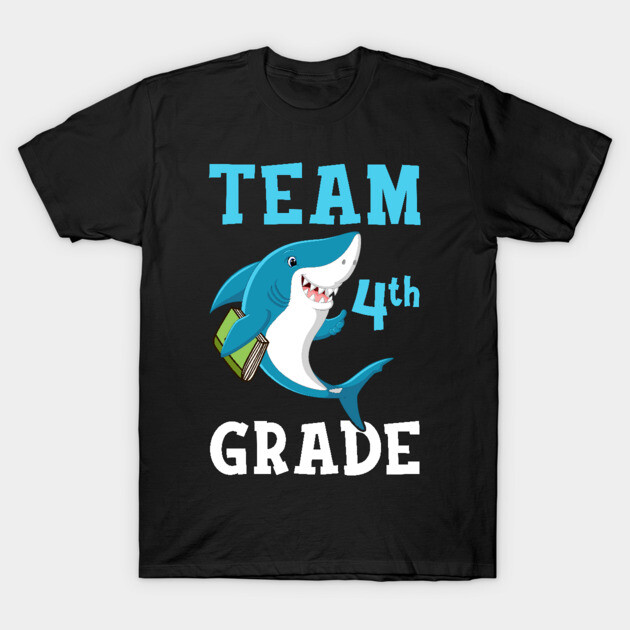 Black t-shirt featuring "Team 4th Grade" design with a cartoon shark holding books, perfect for school events.
